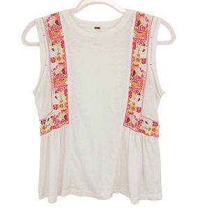 Free People Cotton Knit Embroidery Muscle Tee Top Boho Western Gypsy Babydoll